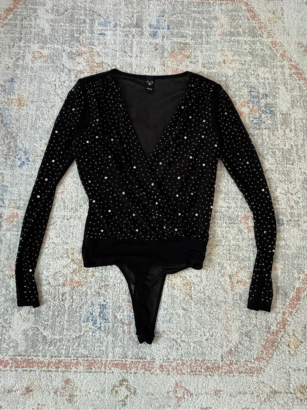 Windsor Black Long-Sleeve Embellished V-Neck Bodysuit